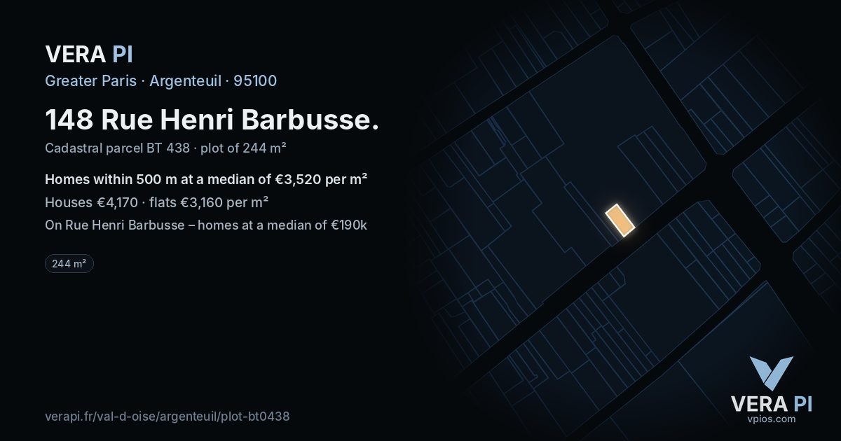 148 Rue Henri Barbusse, Argenteuil at night – the plot lit, the parcels around coloured by the prices near them