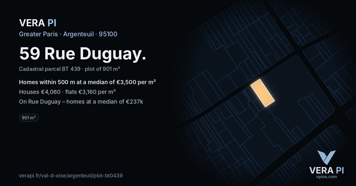 59 Rue Duguay, Argenteuil at night – the plot lit, the parcels around coloured by the prices near them