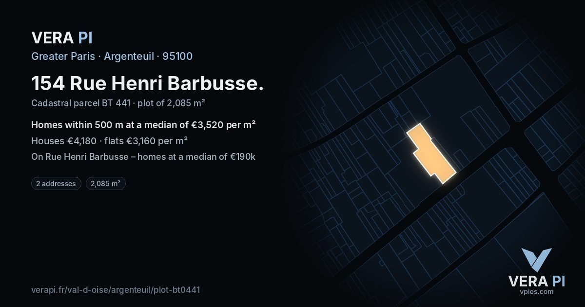 154 Rue Henri Barbusse, Argenteuil at night – the plot lit, the parcels around coloured by the prices near them