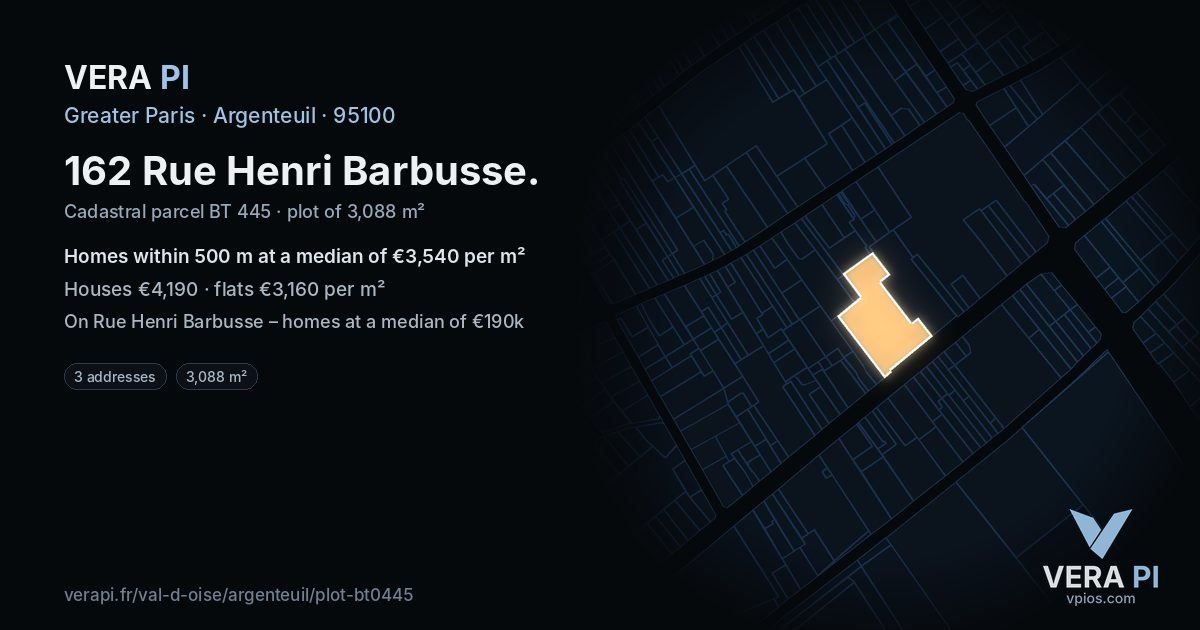 162 Rue Henri Barbusse, Argenteuil at night – the plot lit, the parcels around coloured by the prices near them