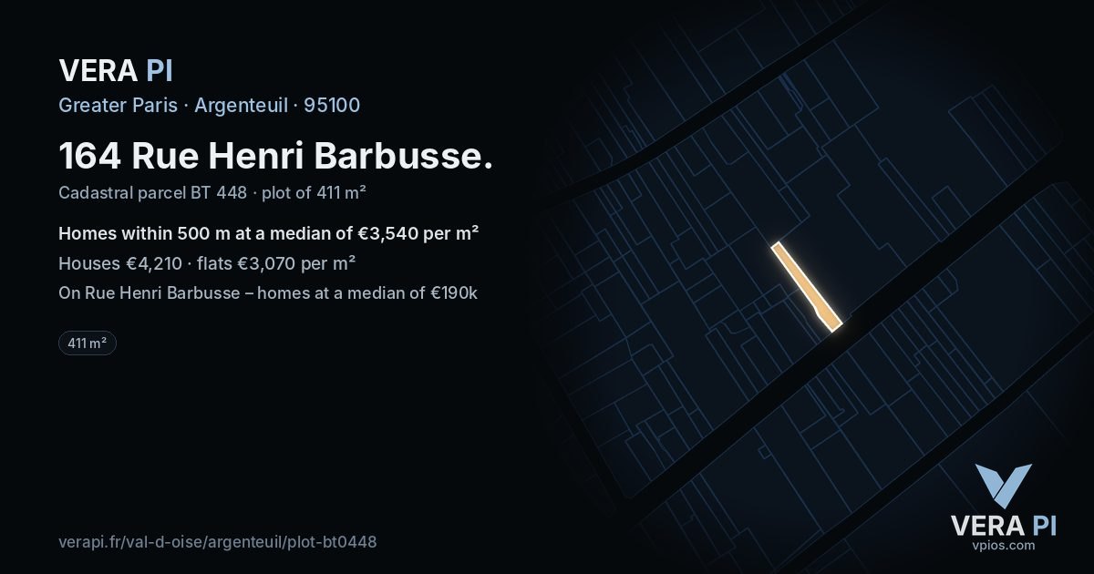 164 Rue Henri Barbusse, Argenteuil at night – the plot lit, the parcels around coloured by the prices near them