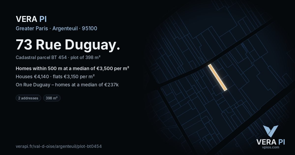 73 Rue Duguay, Argenteuil at night – the plot lit, the parcels around coloured by the prices near them
