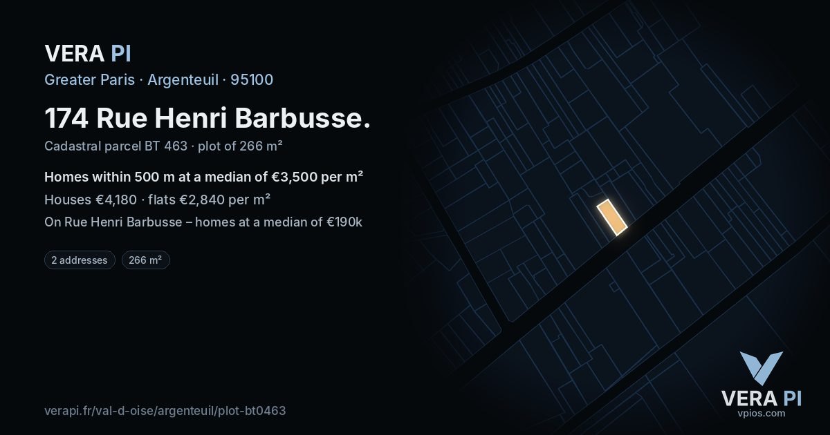 174 Rue Henri Barbusse, Argenteuil at night – the plot lit, the parcels around coloured by the prices near them