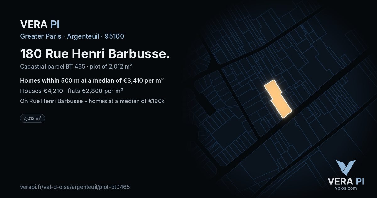 180 Rue Henri Barbusse, Argenteuil at night – the plot lit, the parcels around coloured by the prices near them