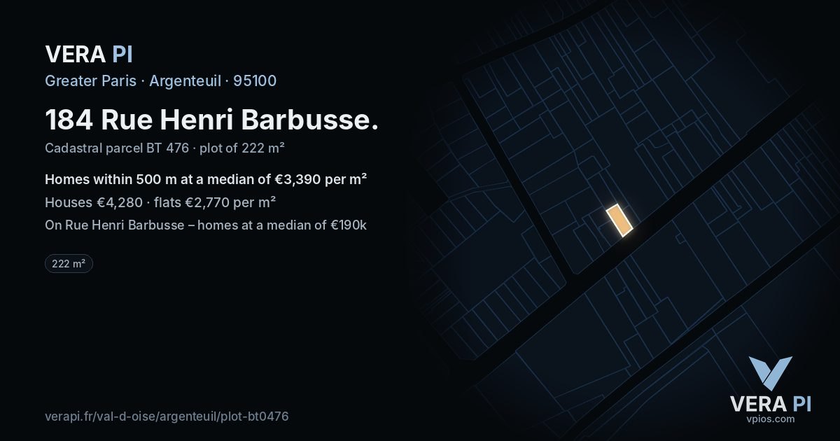 184 Rue Henri Barbusse, Argenteuil at night – the plot lit, the parcels around coloured by the prices near them