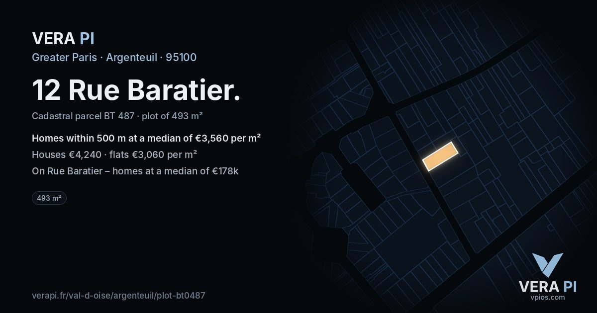 12 Rue Baratier, Argenteuil at night – the plot lit, the parcels around coloured by the prices near them