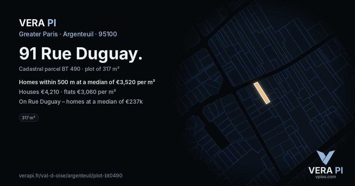 91 Rue Duguay, Argenteuil at night – the plot lit, the parcels around coloured by the prices near them