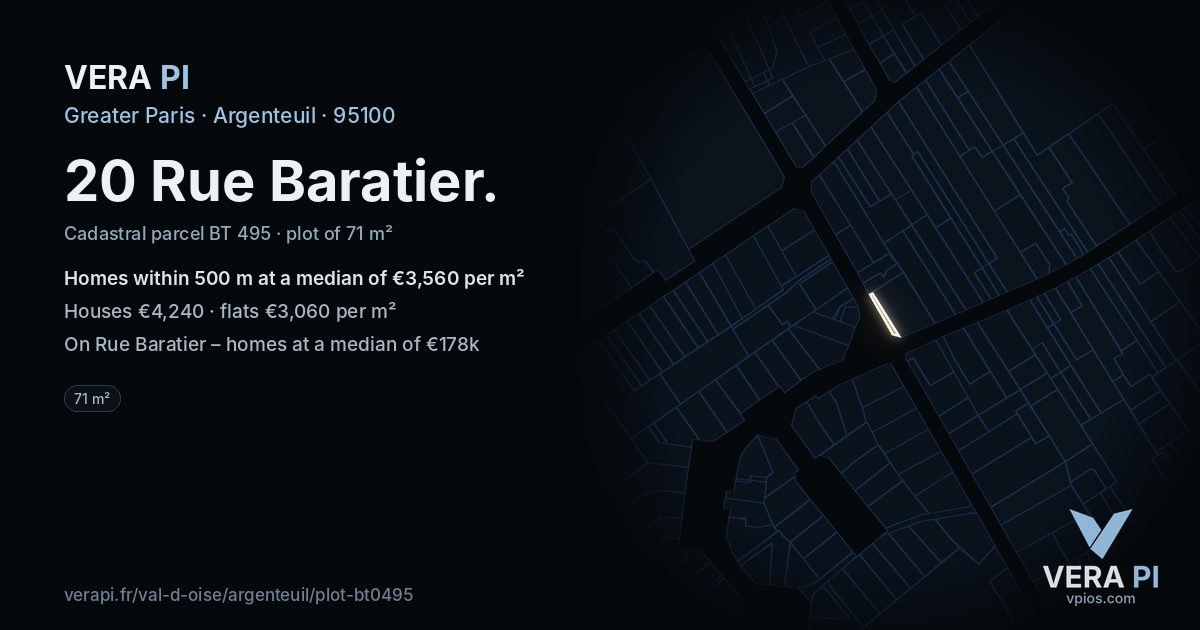 20 Rue Baratier, Argenteuil at night – the plot lit, the parcels around coloured by the prices near them
