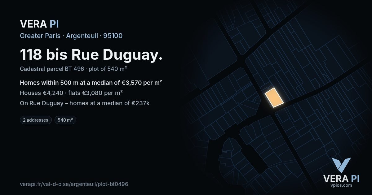 118 bis Rue Duguay, Argenteuil at night – the plot lit, the parcels around coloured by the prices near them