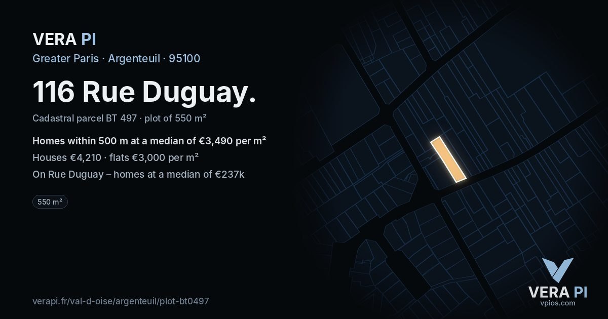 116 Rue Duguay, Argenteuil at night – the plot lit, the parcels around coloured by the prices near them