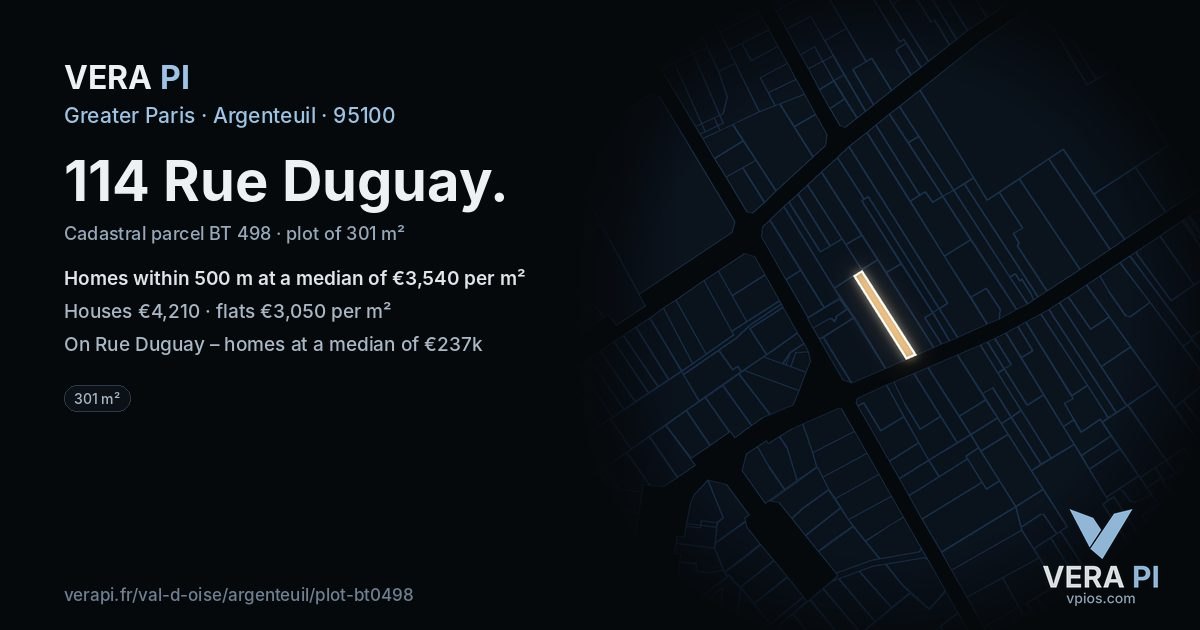 114 Rue Duguay, Argenteuil at night – the plot lit, the parcels around coloured by the prices near them