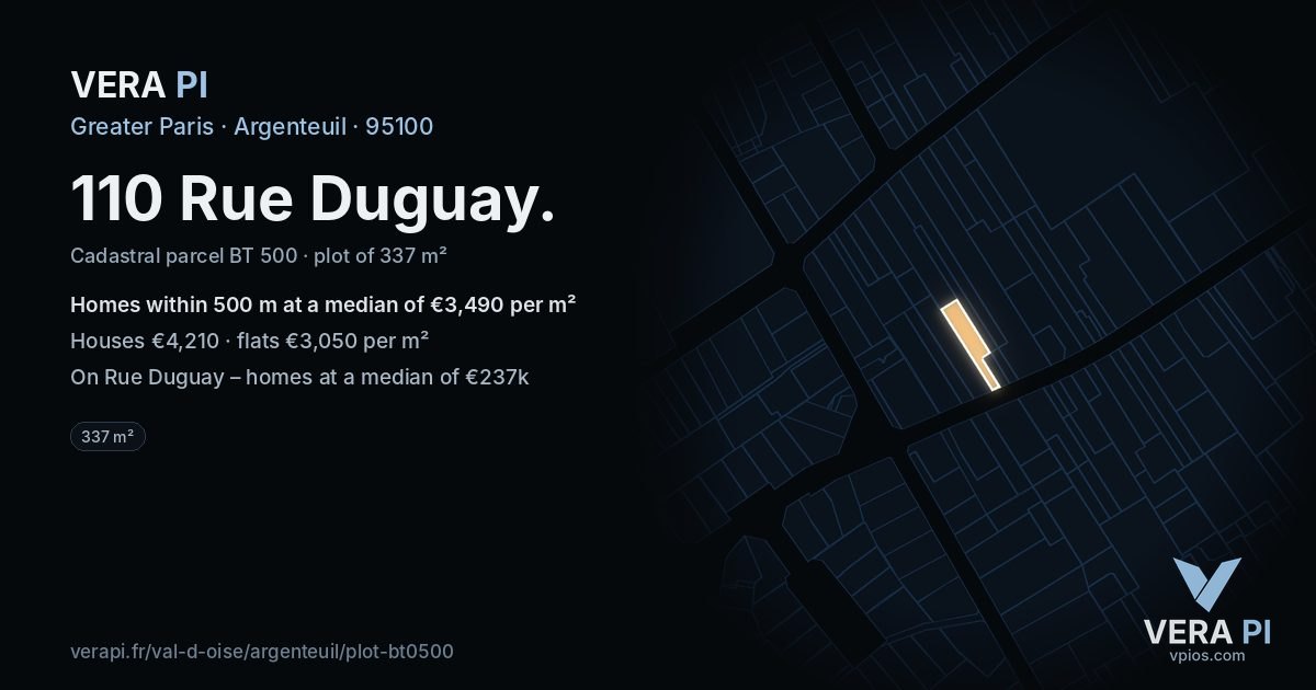 110 Rue Duguay, Argenteuil at night – the plot lit, the parcels around coloured by the prices near them