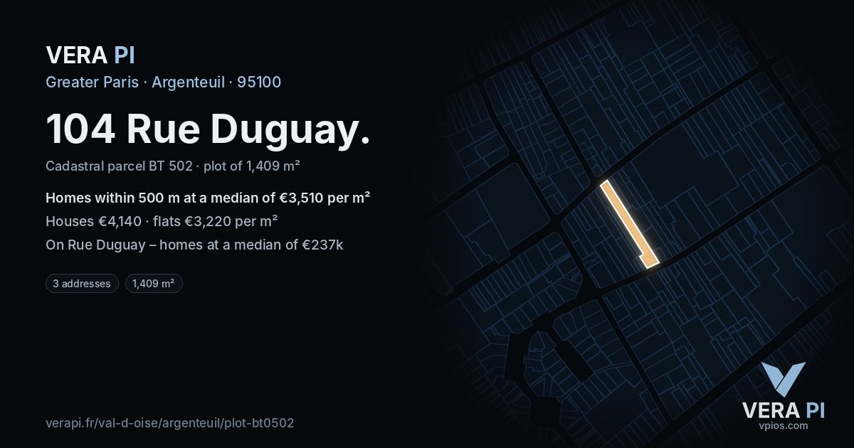 104 Rue Duguay, Argenteuil at night – the plot lit, the parcels around coloured by the prices near them