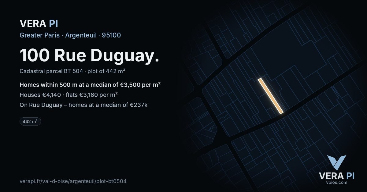 100 Rue Duguay, Argenteuil at night – the plot lit, the parcels around coloured by the prices near them