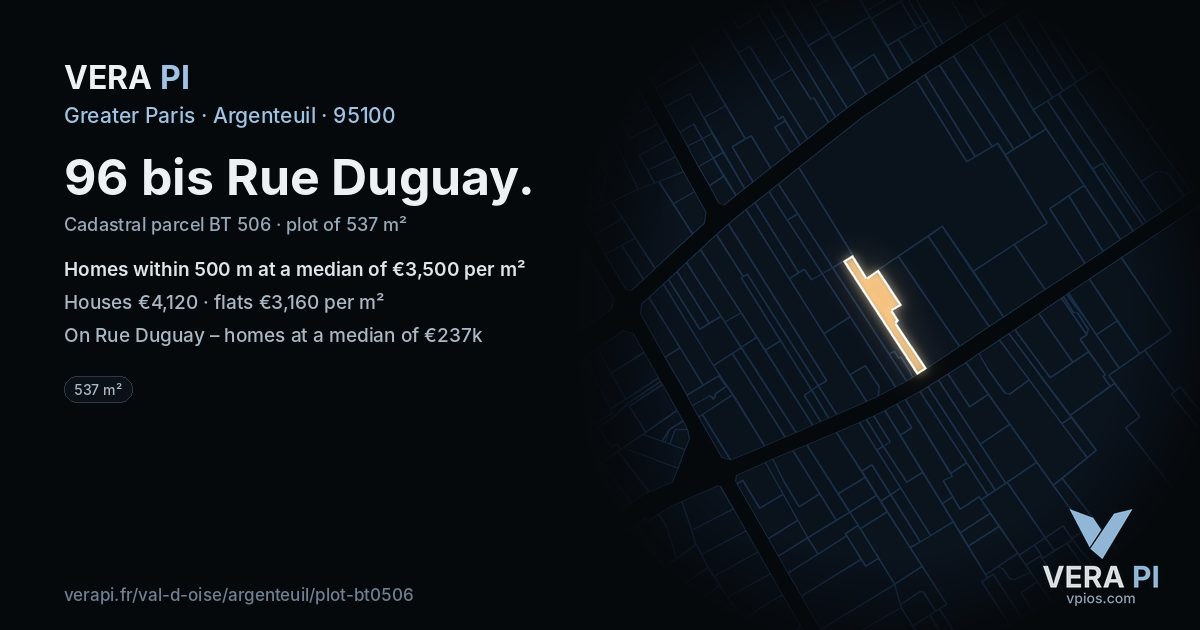 96 bis Rue Duguay, Argenteuil at night – the plot lit, the parcels around coloured by the prices near them