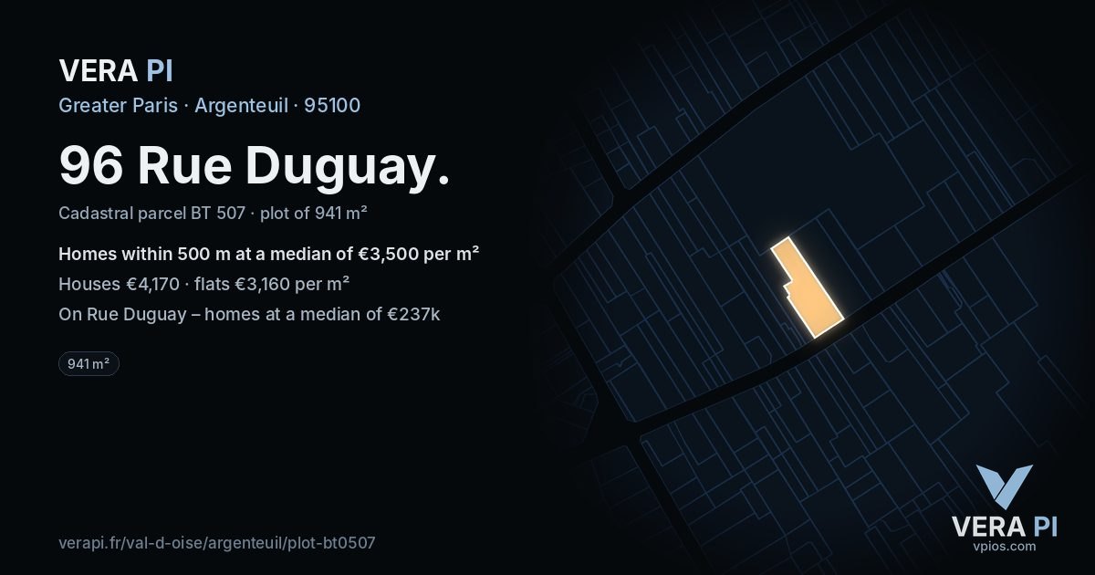 96 Rue Duguay, Argenteuil at night – the plot lit, the parcels around coloured by the prices near them
