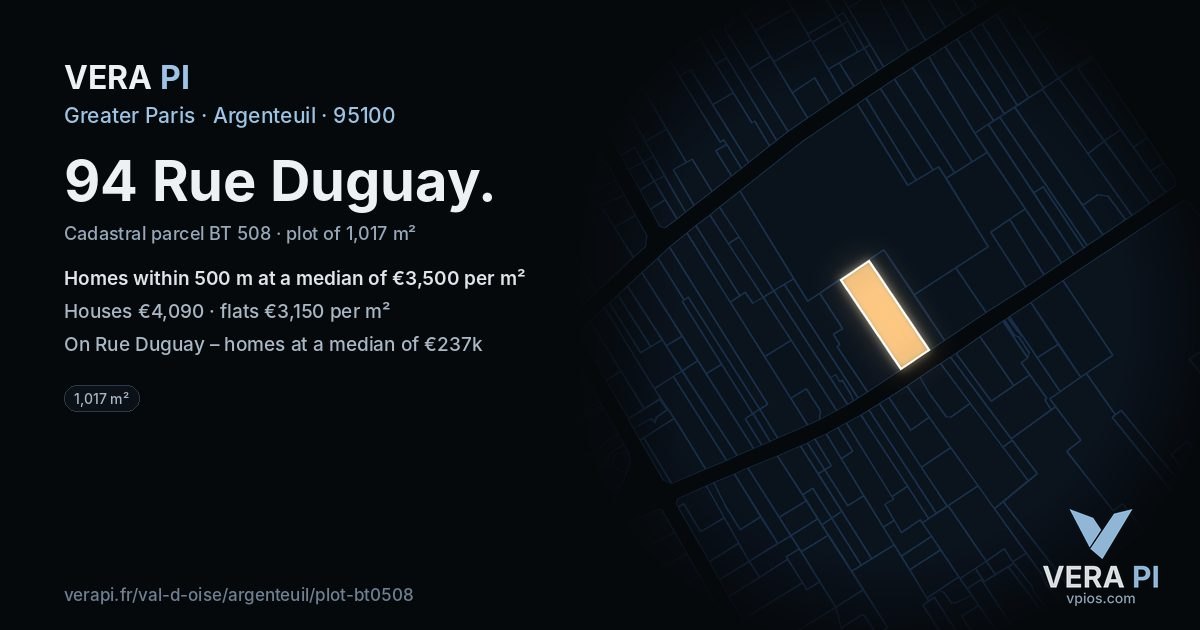 94 Rue Duguay, Argenteuil at night – the plot lit, the parcels around coloured by the prices near them