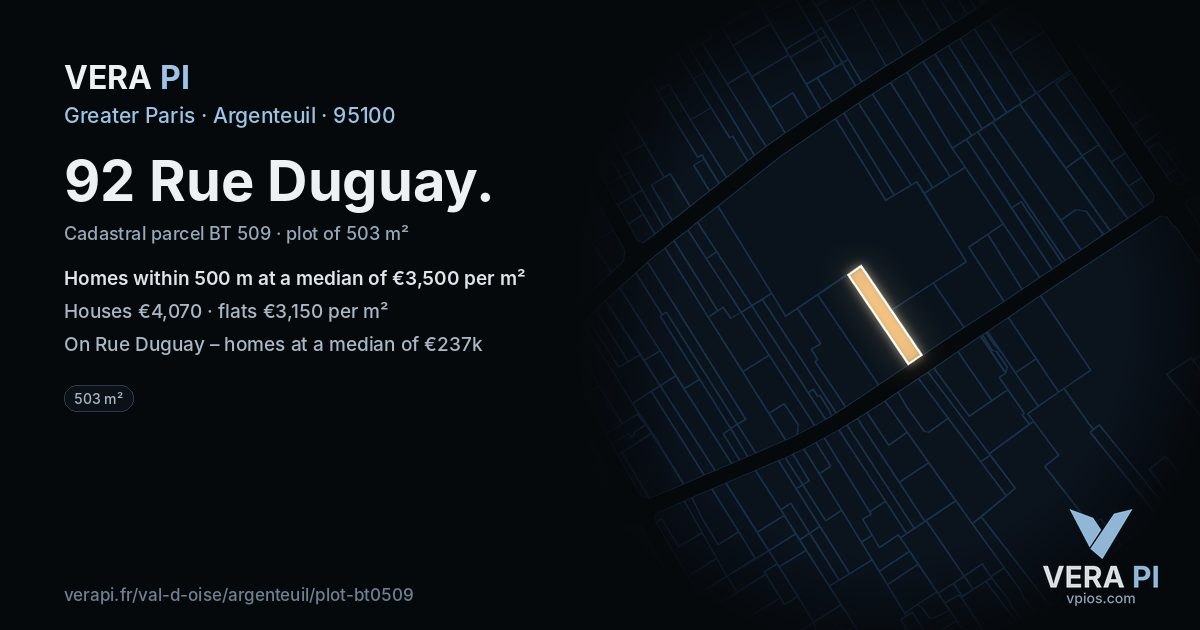 92 Rue Duguay, Argenteuil at night – the plot lit, the parcels around coloured by the prices near them