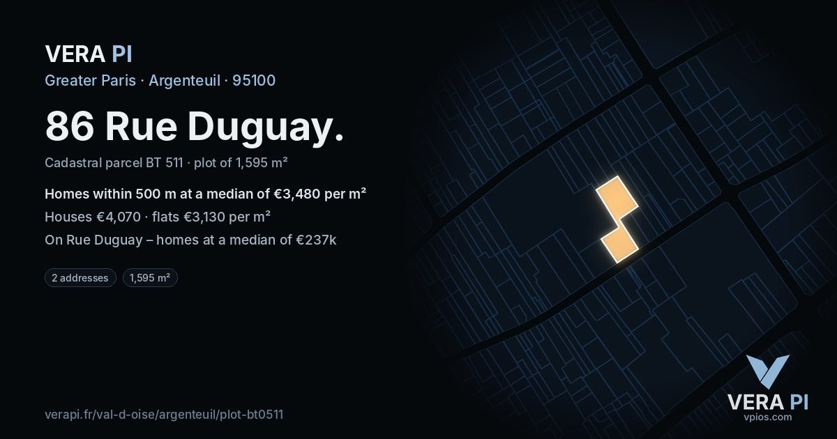 86 Rue Duguay, Argenteuil at night – the plot lit, the parcels around coloured by the prices near them