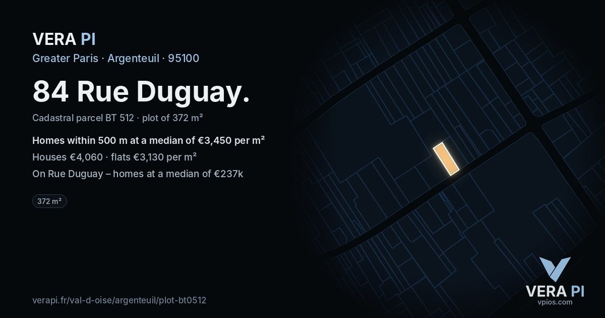 84 Rue Duguay, Argenteuil at night – the plot lit, the parcels around coloured by the prices near them
