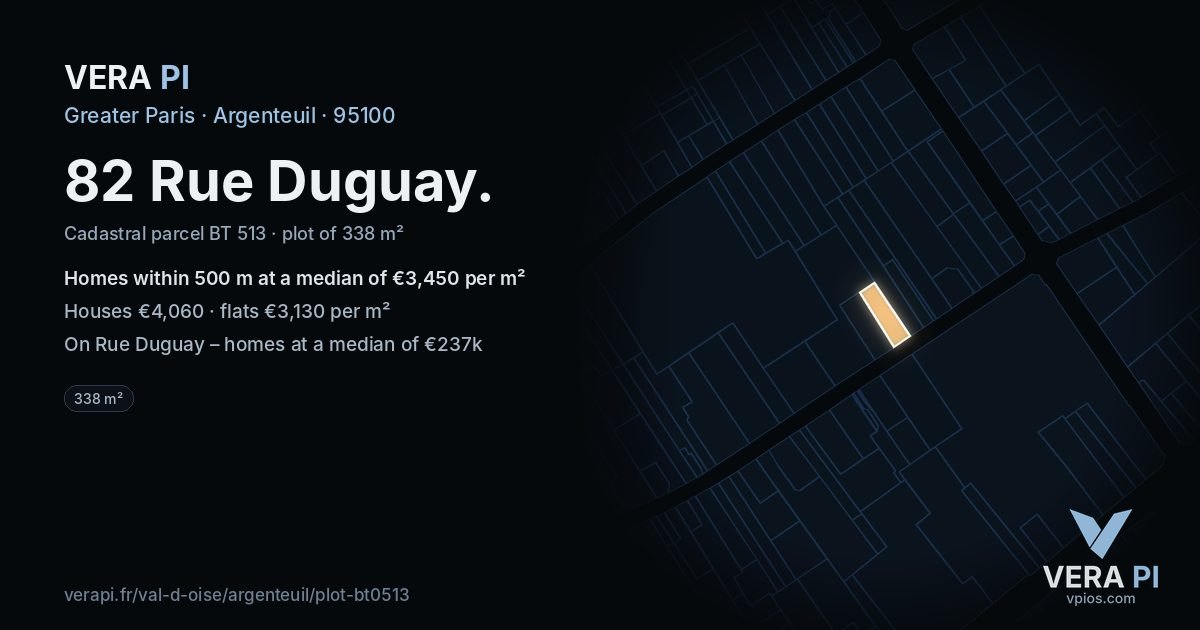 82 Rue Duguay, Argenteuil at night – the plot lit, the parcels around coloured by the prices near them