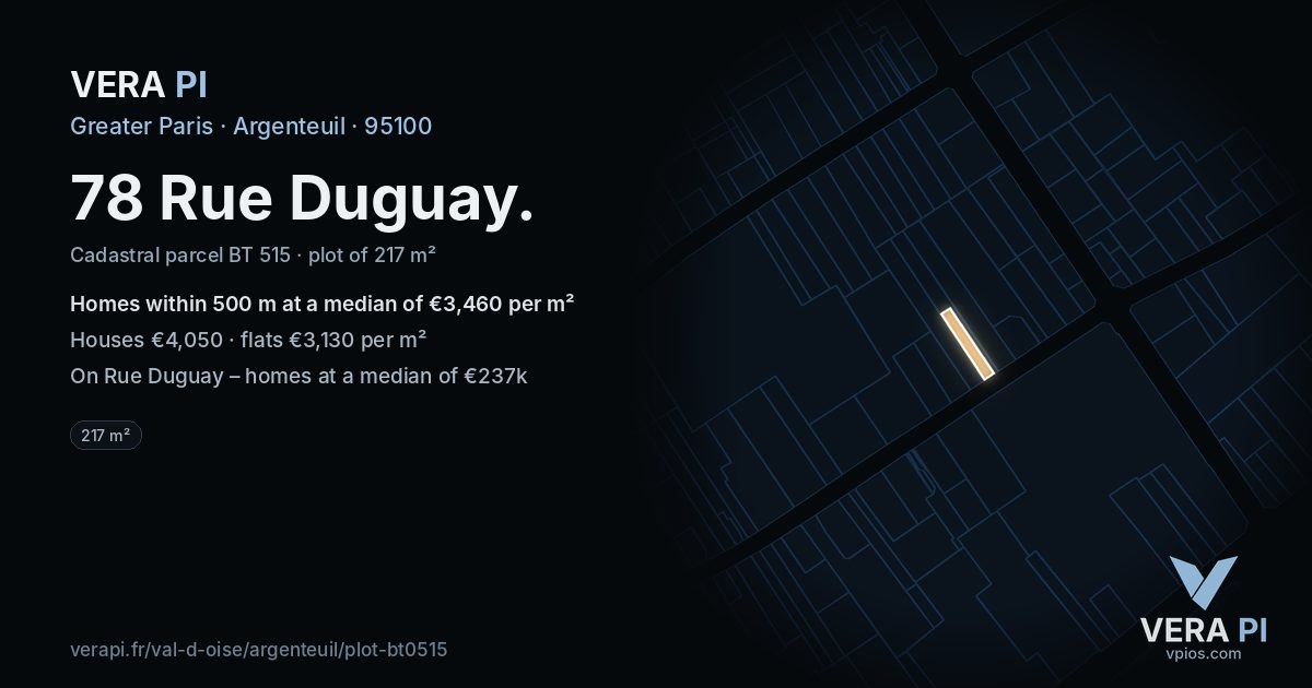 78 Rue Duguay, Argenteuil at night – the plot lit, the parcels around coloured by the prices near them