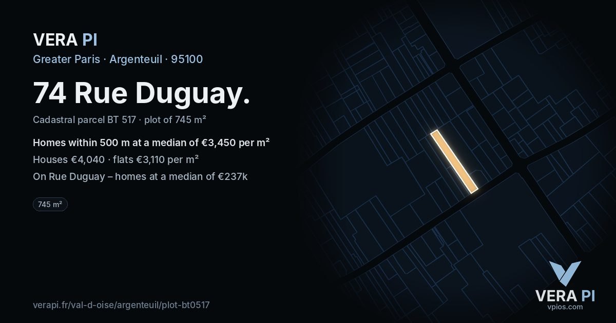 74 Rue Duguay, Argenteuil at night – the plot lit, the parcels around coloured by the prices near them
