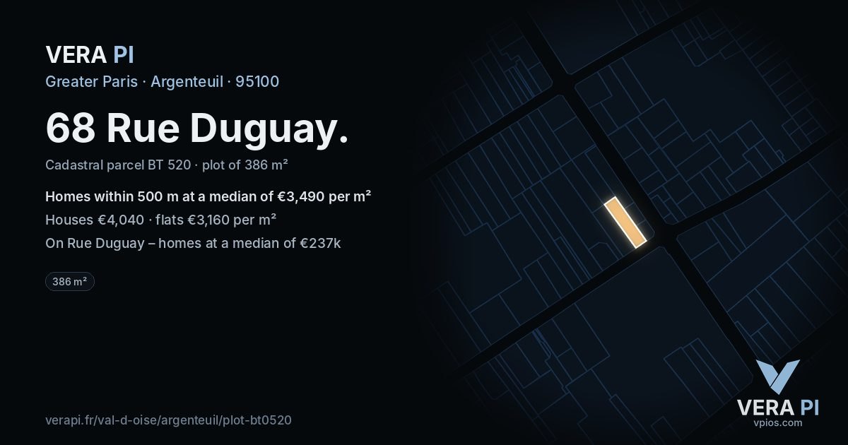68 Rue Duguay, Argenteuil at night – the plot lit, the parcels around coloured by the prices near them