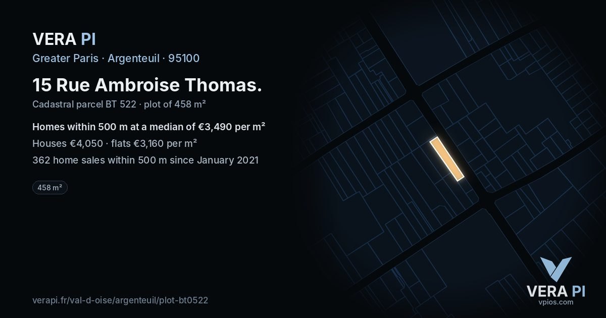 15 Rue Ambroise Thomas, Argenteuil at night – the plot lit, the parcels around coloured by the prices near them