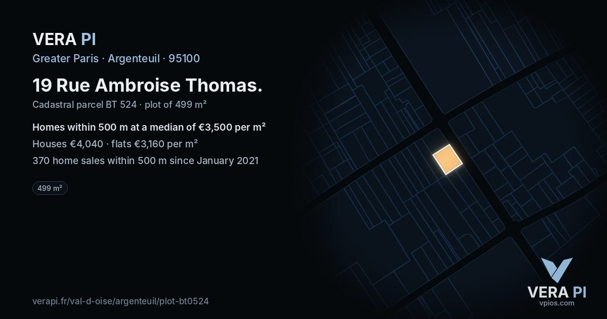 19 Rue Ambroise Thomas, Argenteuil at night – the plot lit, the parcels around coloured by the prices near them