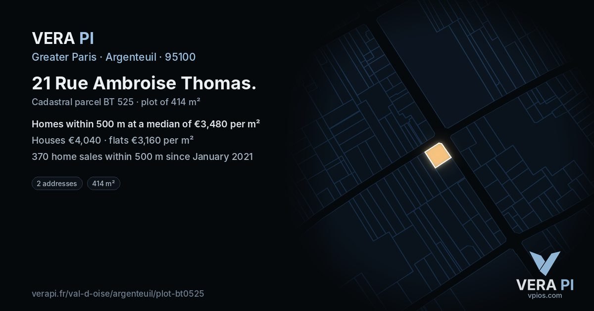 21 Rue Ambroise Thomas, Argenteuil at night – the plot lit, the parcels around coloured by the prices near them