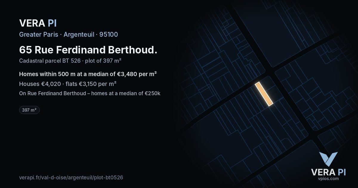 65 Rue Ferdinand Berthoud, Argenteuil at night – the plot lit, the parcels around coloured by the prices near them