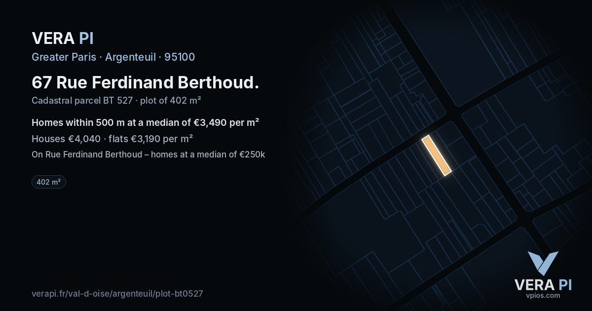 67 Rue Ferdinand Berthoud, Argenteuil at night – the plot lit, the parcels around coloured by the prices near them