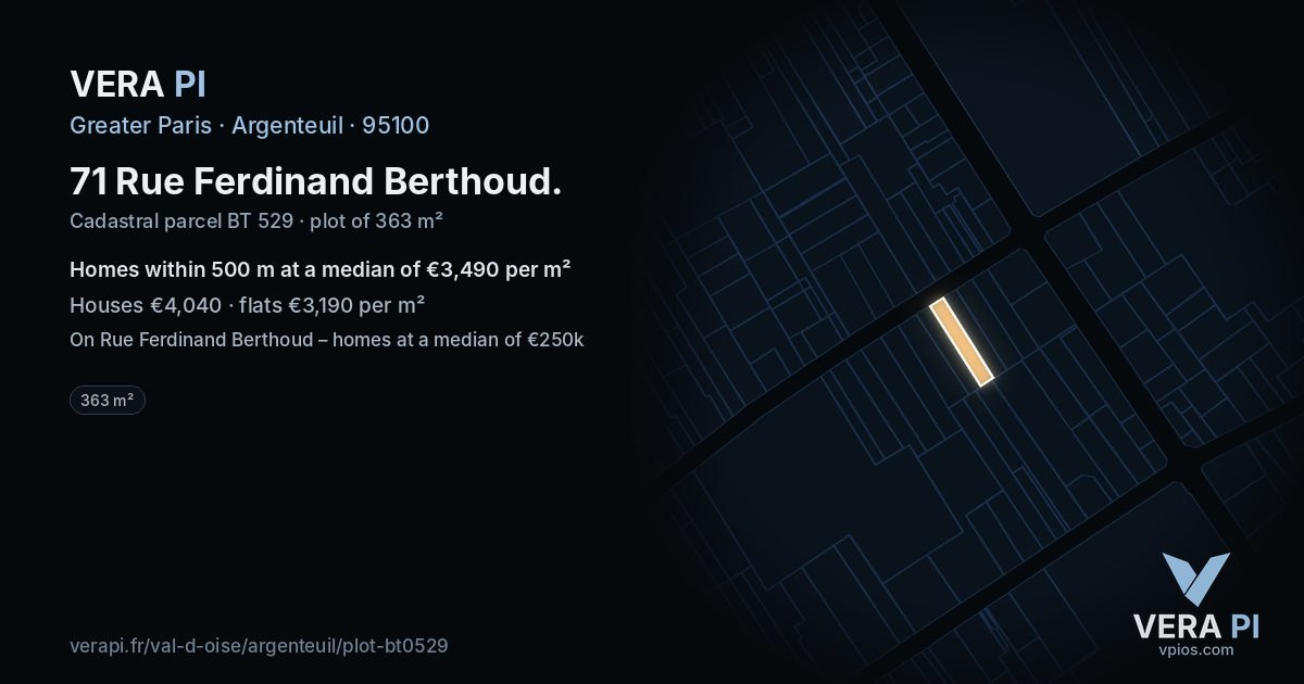 71 Rue Ferdinand Berthoud, Argenteuil at night – the plot lit, the parcels around coloured by the prices near them