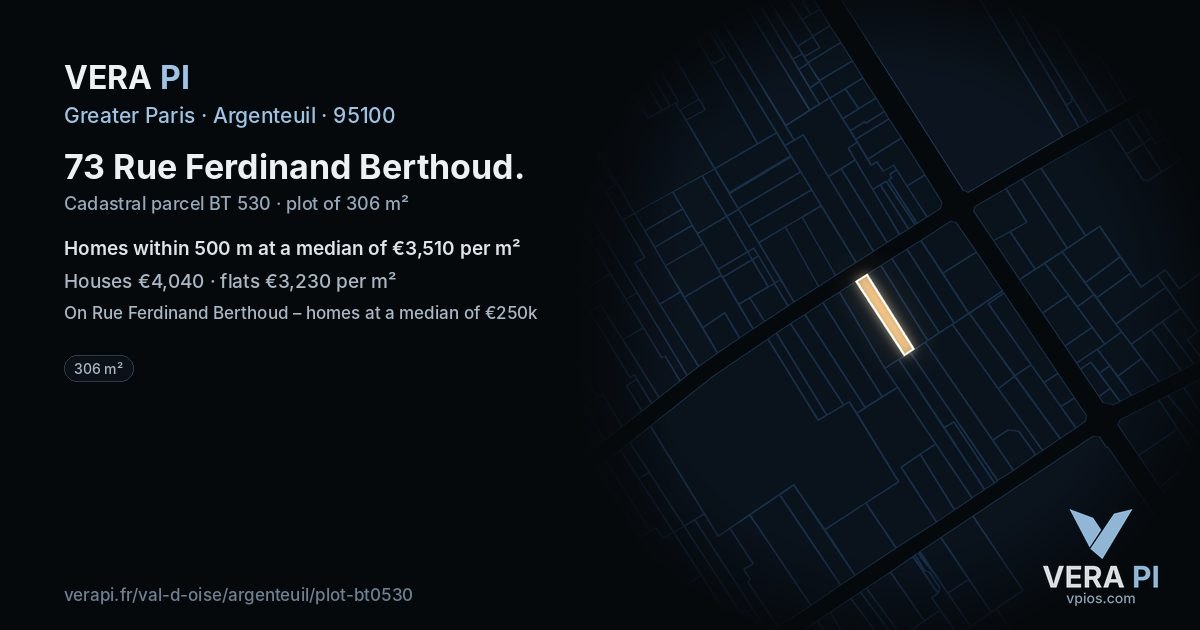 73 Rue Ferdinand Berthoud, Argenteuil at night – the plot lit, the parcels around coloured by the prices near them