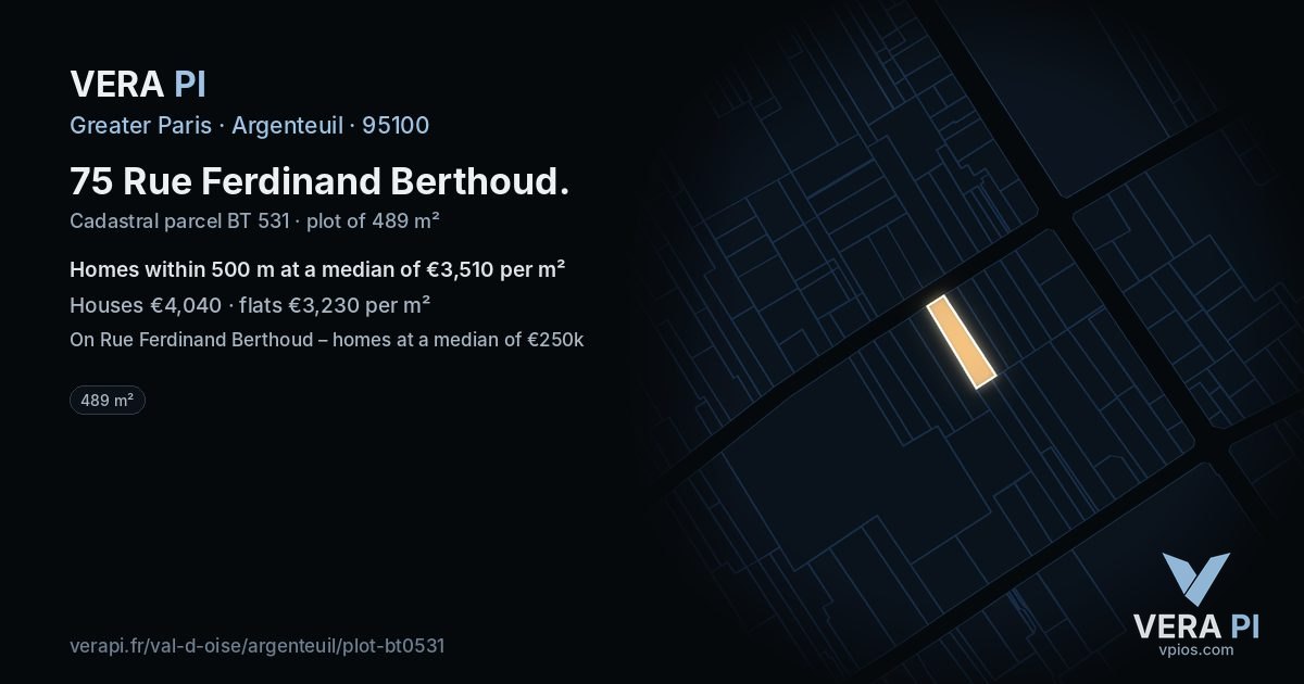 75 Rue Ferdinand Berthoud, Argenteuil at night – the plot lit, the parcels around coloured by the prices near them