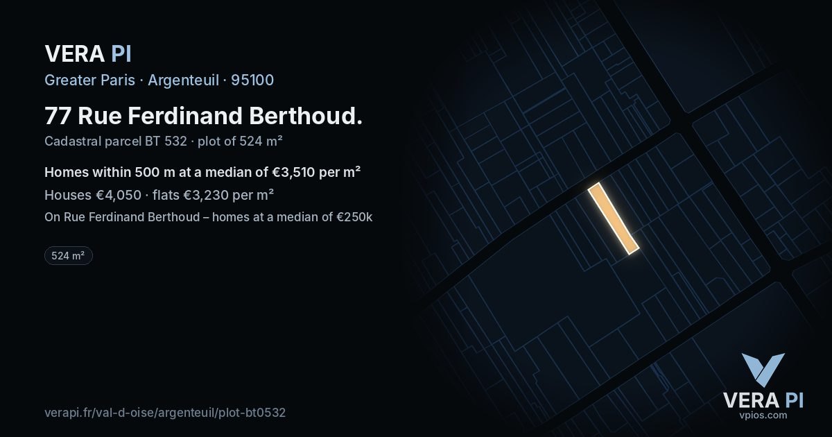 77 Rue Ferdinand Berthoud, Argenteuil at night – the plot lit, the parcels around coloured by the prices near them