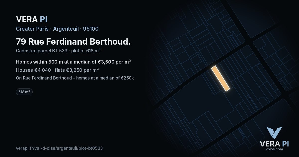 79 Rue Ferdinand Berthoud, Argenteuil at night – the plot lit, the parcels around coloured by the prices near them