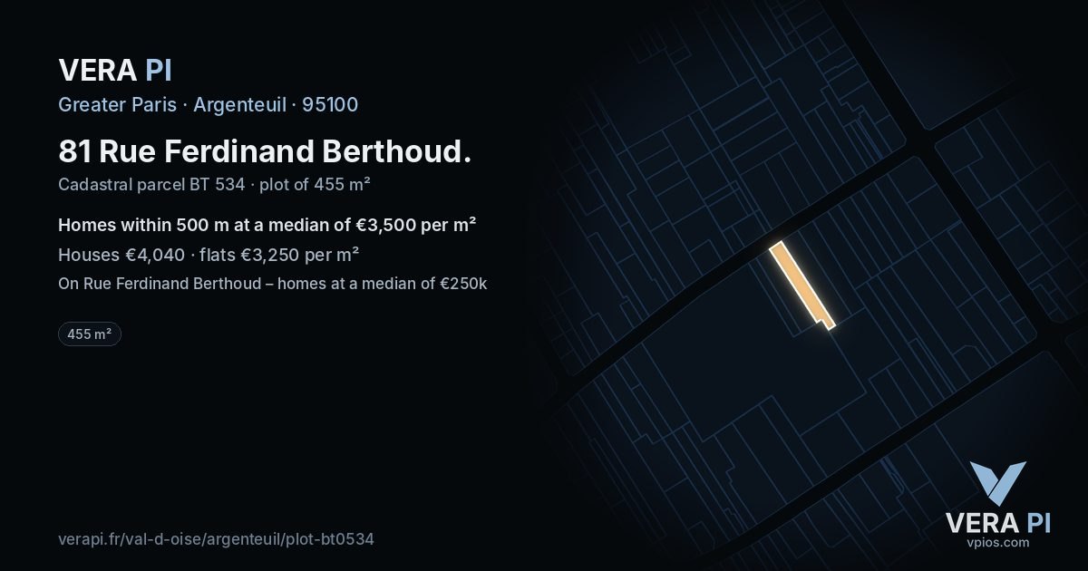 81 Rue Ferdinand Berthoud, Argenteuil at night – the plot lit, the parcels around coloured by the prices near them