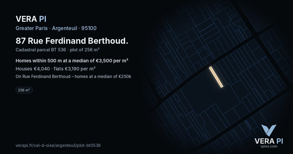 87 Rue Ferdinand Berthoud, Argenteuil at night – the plot lit, the parcels around coloured by the prices near them