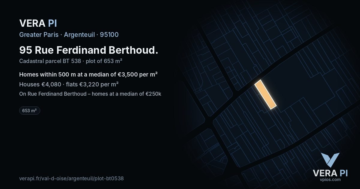 95 Rue Ferdinand Berthoud, Argenteuil at night – the plot lit, the parcels around coloured by the prices near them