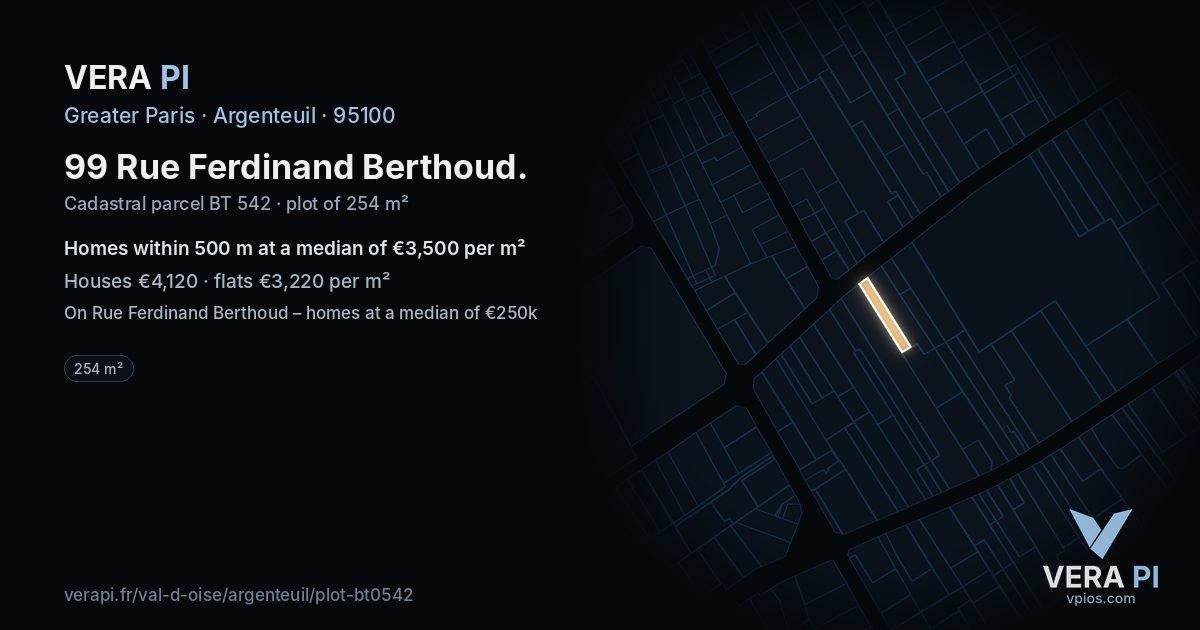 99 Rue Ferdinand Berthoud, Argenteuil at night – the plot lit, the parcels around coloured by the prices near them
