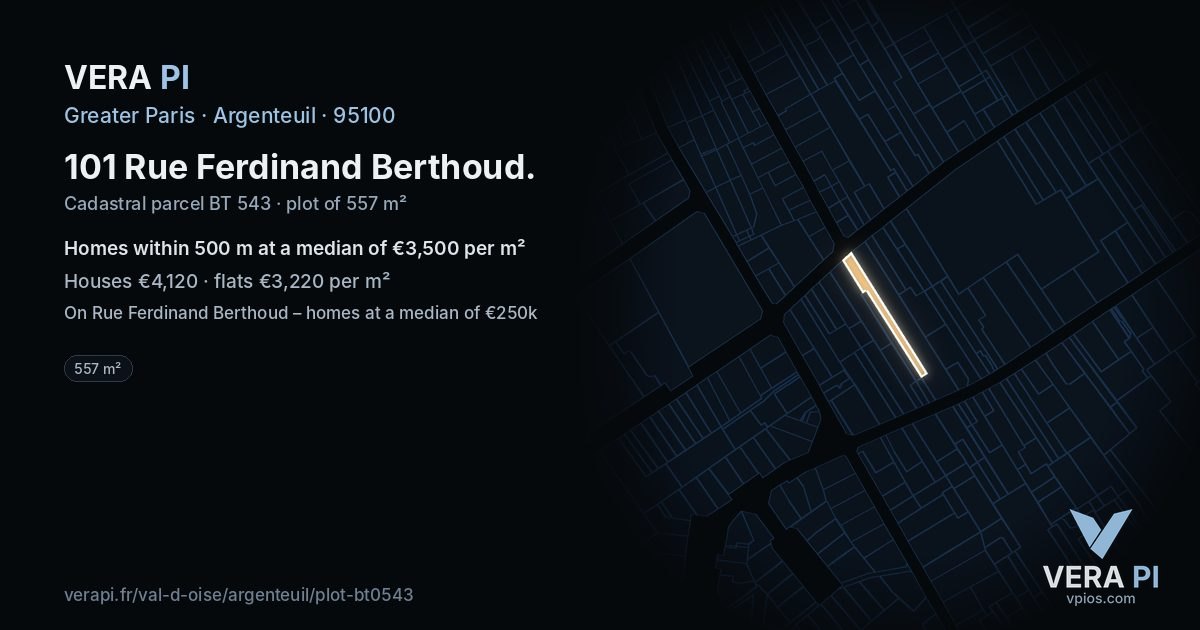 101 Rue Ferdinand Berthoud, Argenteuil at night – the plot lit, the parcels around coloured by the prices near them