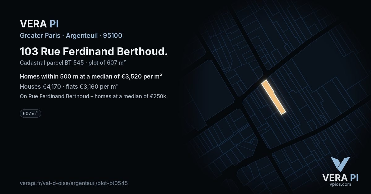 103 Rue Ferdinand Berthoud, Argenteuil at night – the plot lit, the parcels around coloured by the prices near them