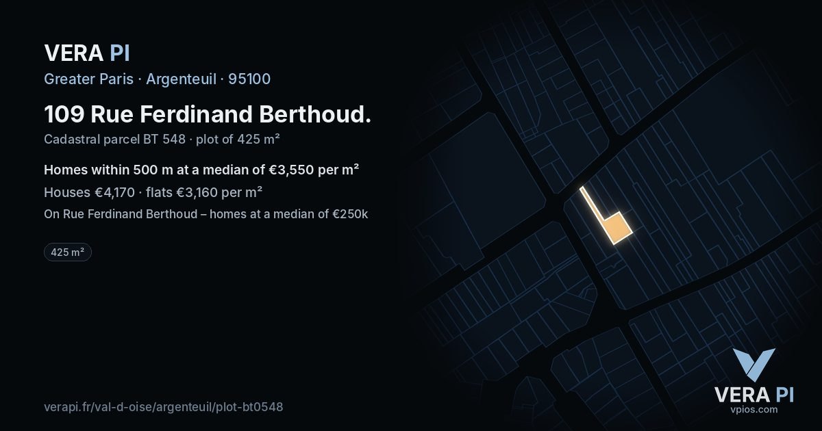 109 Rue Ferdinand Berthoud, Argenteuil at night – the plot lit, the parcels around coloured by the prices near them