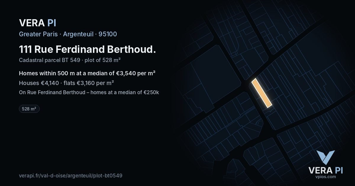 111 Rue Ferdinand Berthoud, Argenteuil at night – the plot lit, the parcels around coloured by the prices near them