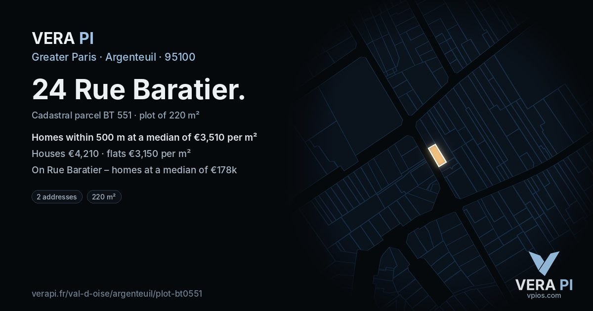 24 Rue Baratier, Argenteuil at night – the plot lit, the parcels around coloured by the prices near them