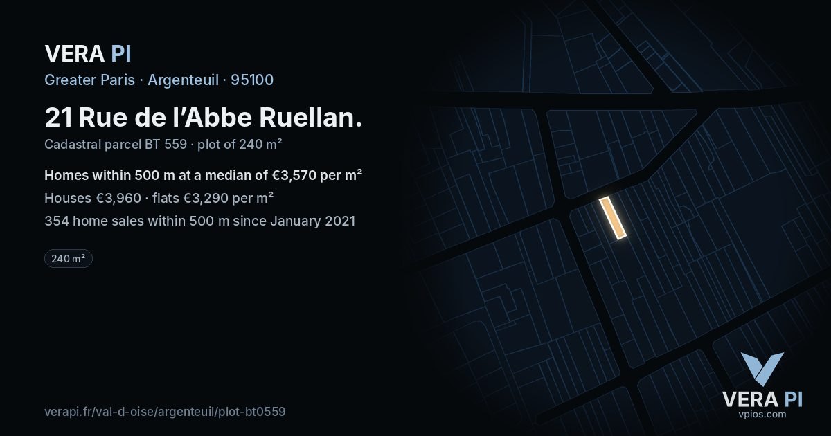 21 Rue de l’Abbe Ruellan, Argenteuil at night – the plot lit, the parcels around coloured by the prices near them