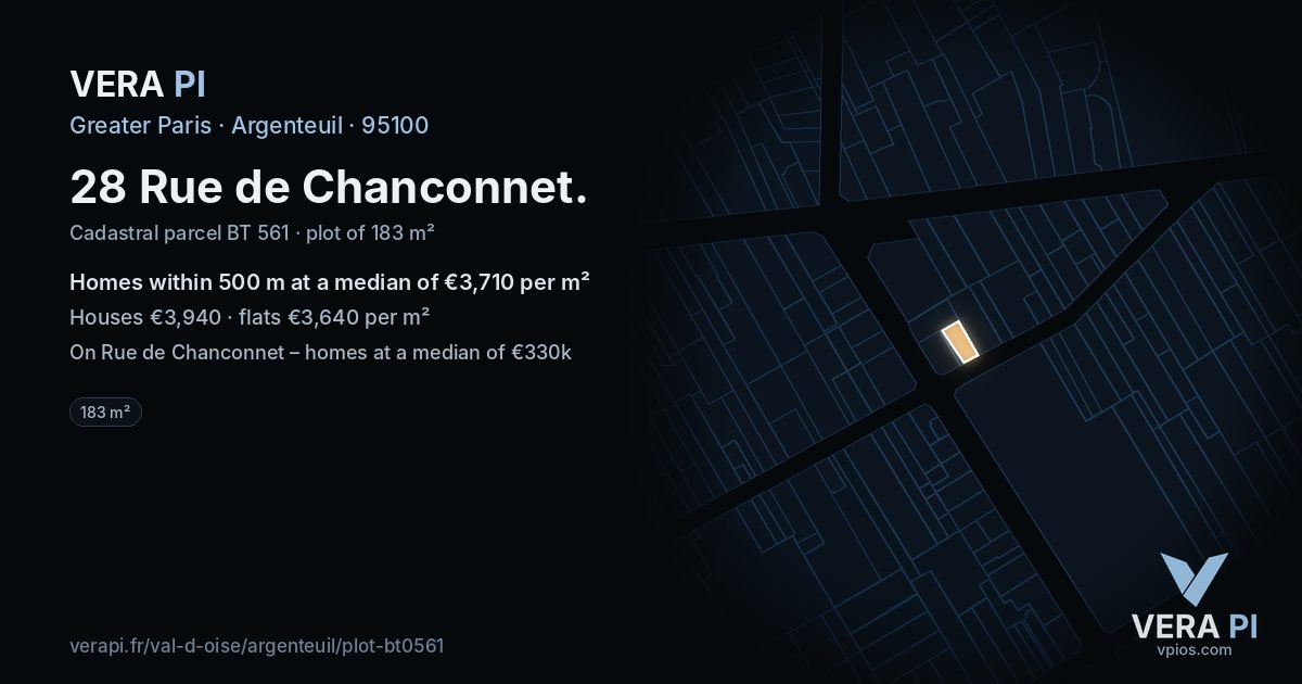 28 Rue de Chanconnet, Argenteuil at night – the plot lit, the parcels around coloured by the prices near them
