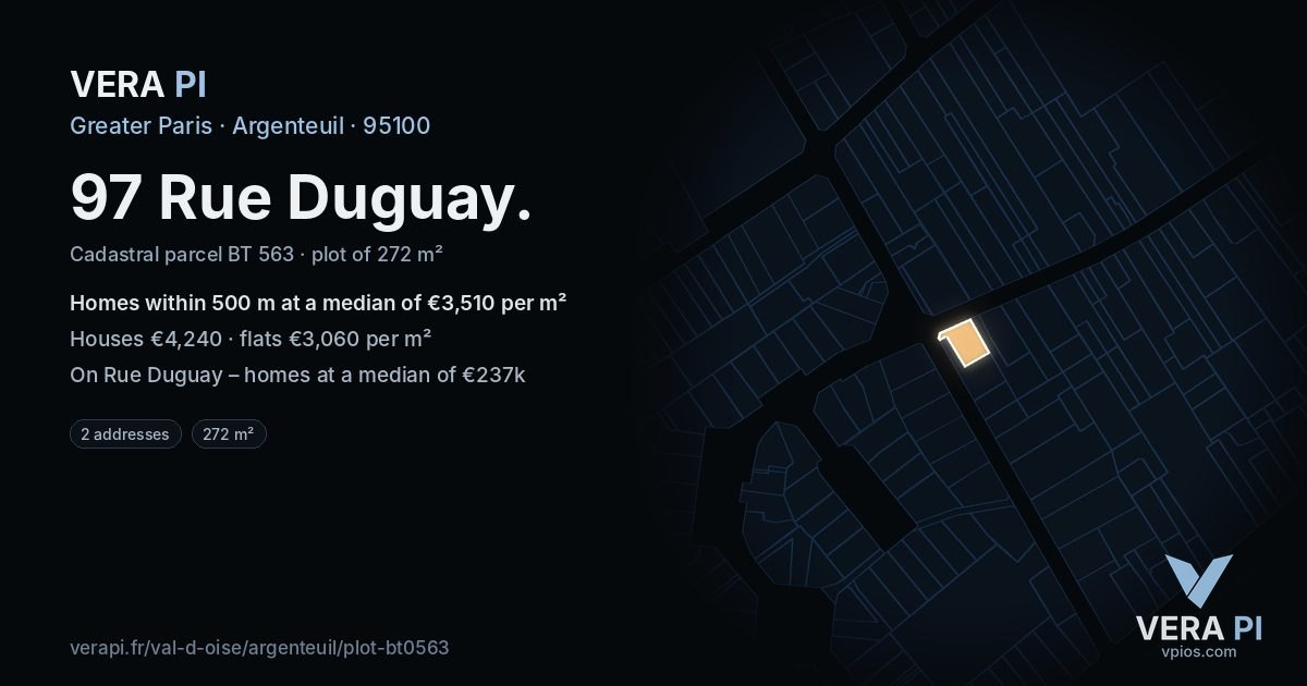97 Rue Duguay, Argenteuil at night – the plot lit, the parcels around coloured by the prices near them